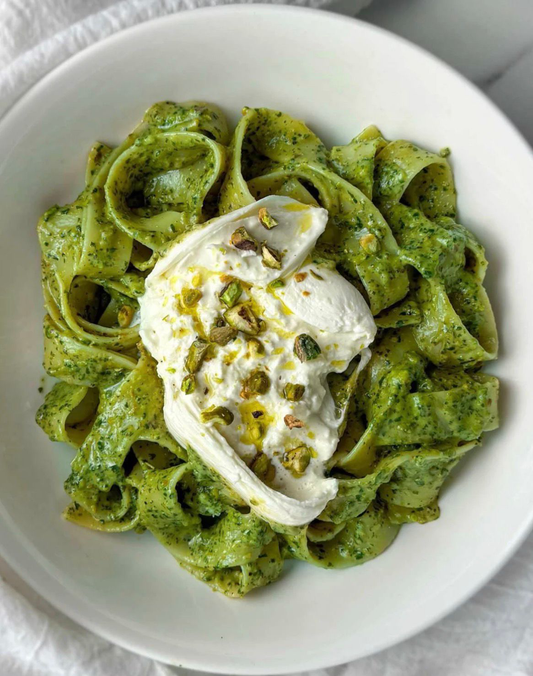 ADULTS HOMEMADE PASTA & PESTO SAUCE: TAGLIATELLE  TOPPED WITH BURRATA & PISTACHIO ON THURSDAY MAY 21ST @ 6:30-8PM